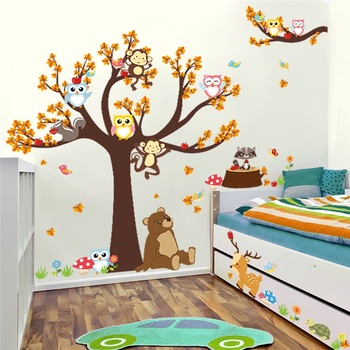 Cartoon Animals Bear Monkey Owls Tree Wall Stickers For Kindergarten Kids Room Decoration Home Decals Autumn Scenery Mural Art